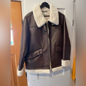 NWOT Joie Brown Faux Leather & Cream Faux Fur Lined Moto Jacket